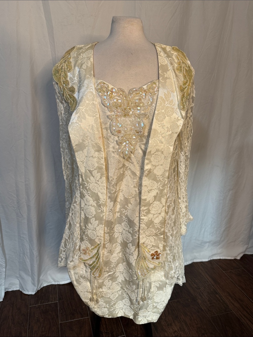 Ivory Lace Chemise Dress and Beaded Jacket Set - Elegant Evening Slip Size 21